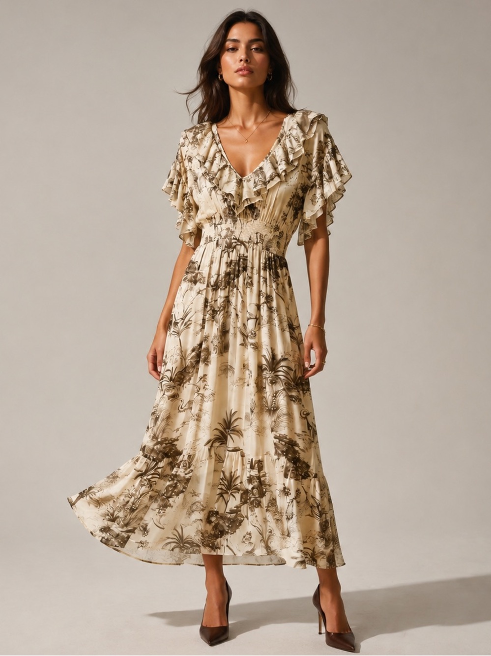 Sandro Cream Maxi Dress with Brown Scenic Print